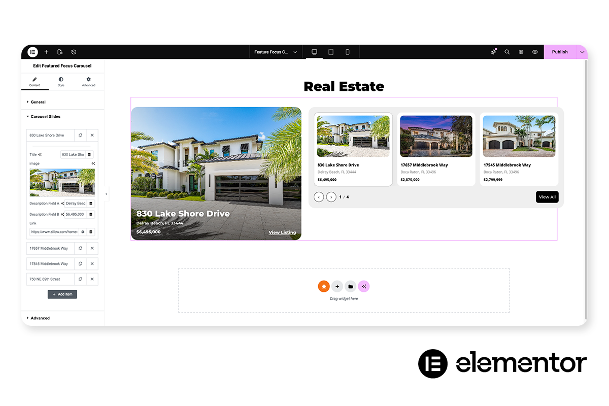 featured focus carousel elementor widget